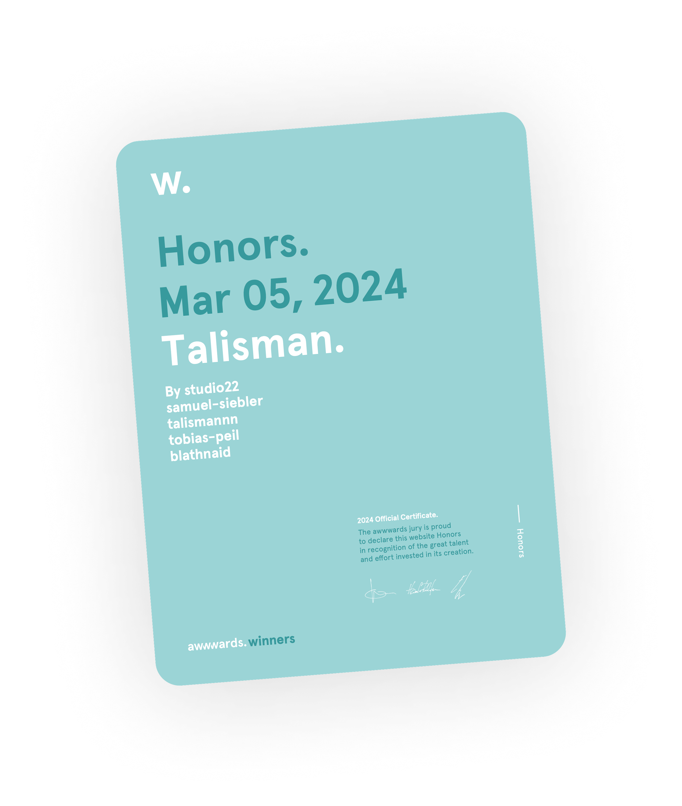 Awwwards Honors certificate awarded to Talisman, March 2024